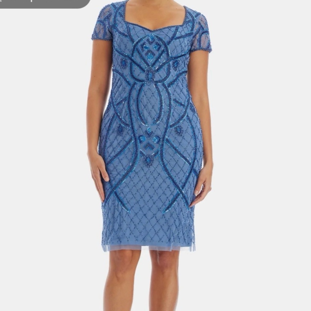 Adrianna Papell Blue Beaded Midi Dress